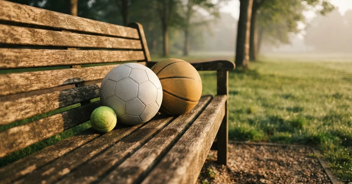 Drie ballen van verschillende soorten naast elkaar op een houten bank