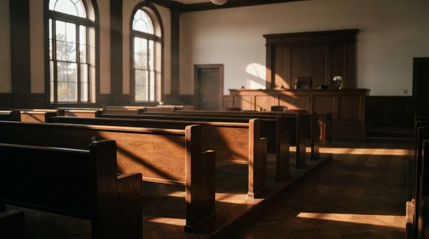 Een lege rechtszaal met houten banken in het ochtendlicht