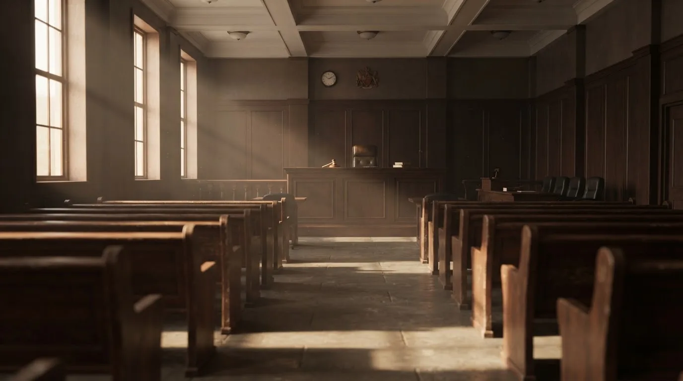 Een lege rechtszaal met houten banken in het ochtendlicht