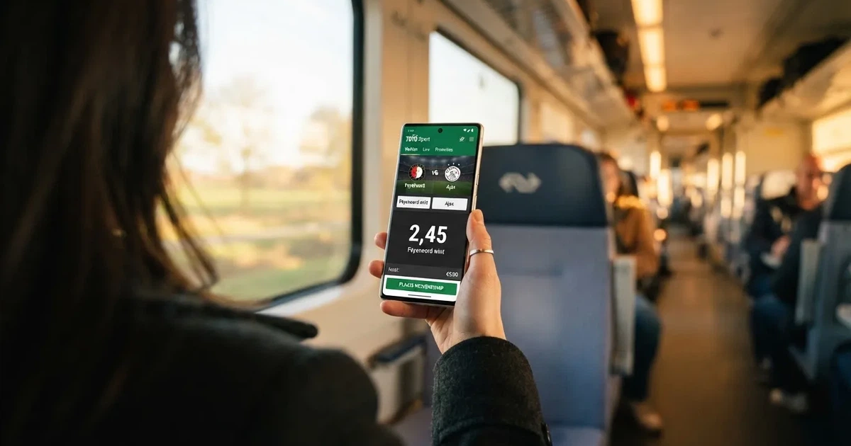 Een hand houdt een smartphone vast in de trein, het scherm van de camera afgewend