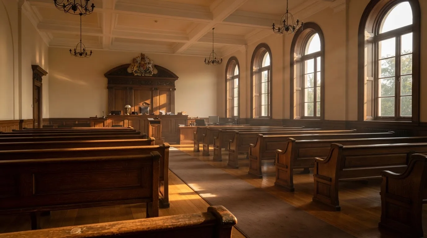 Een lege rechtszaal met houten banken in het ochtendlicht