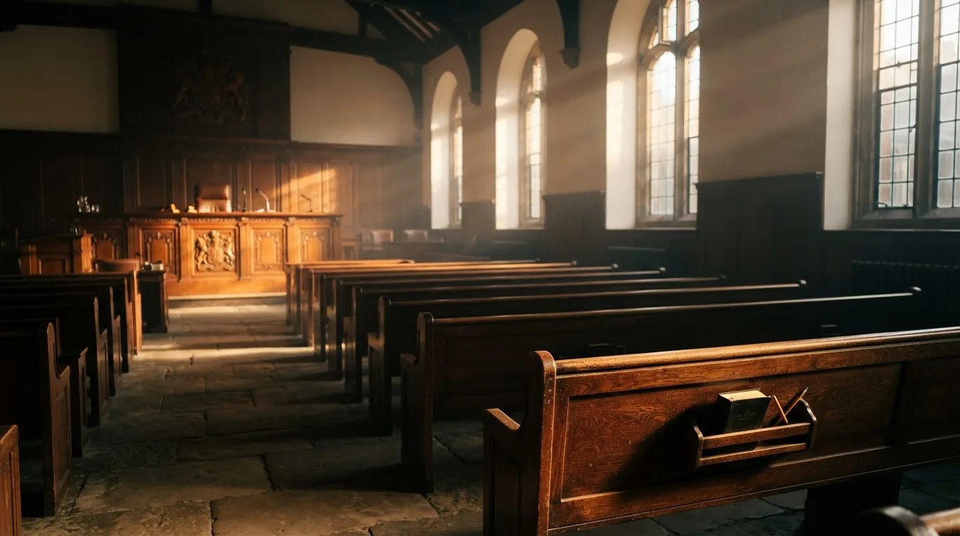 Een lege rechtszaal met houten banken in het ochtendlicht