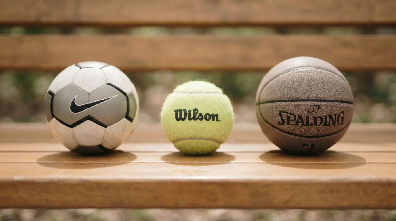 Drie ballen van verschillende soorten naast elkaar op een houten bank