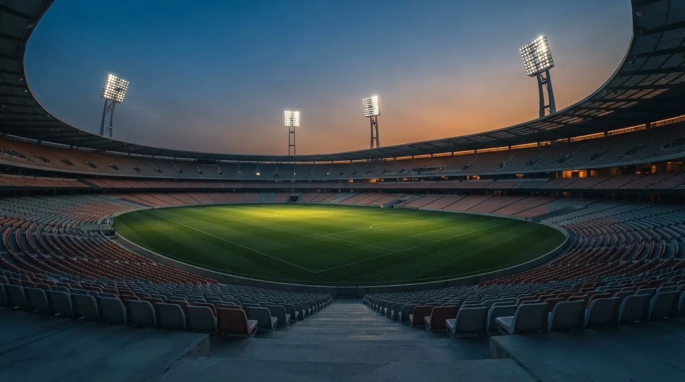 Een leeg voetbalstadion met lichtmasten bij schemering