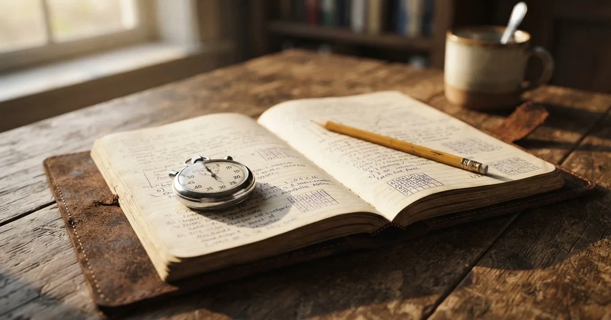 Een opengeslagen notitieboek met een potlood en een stopwatch op een houten tafel