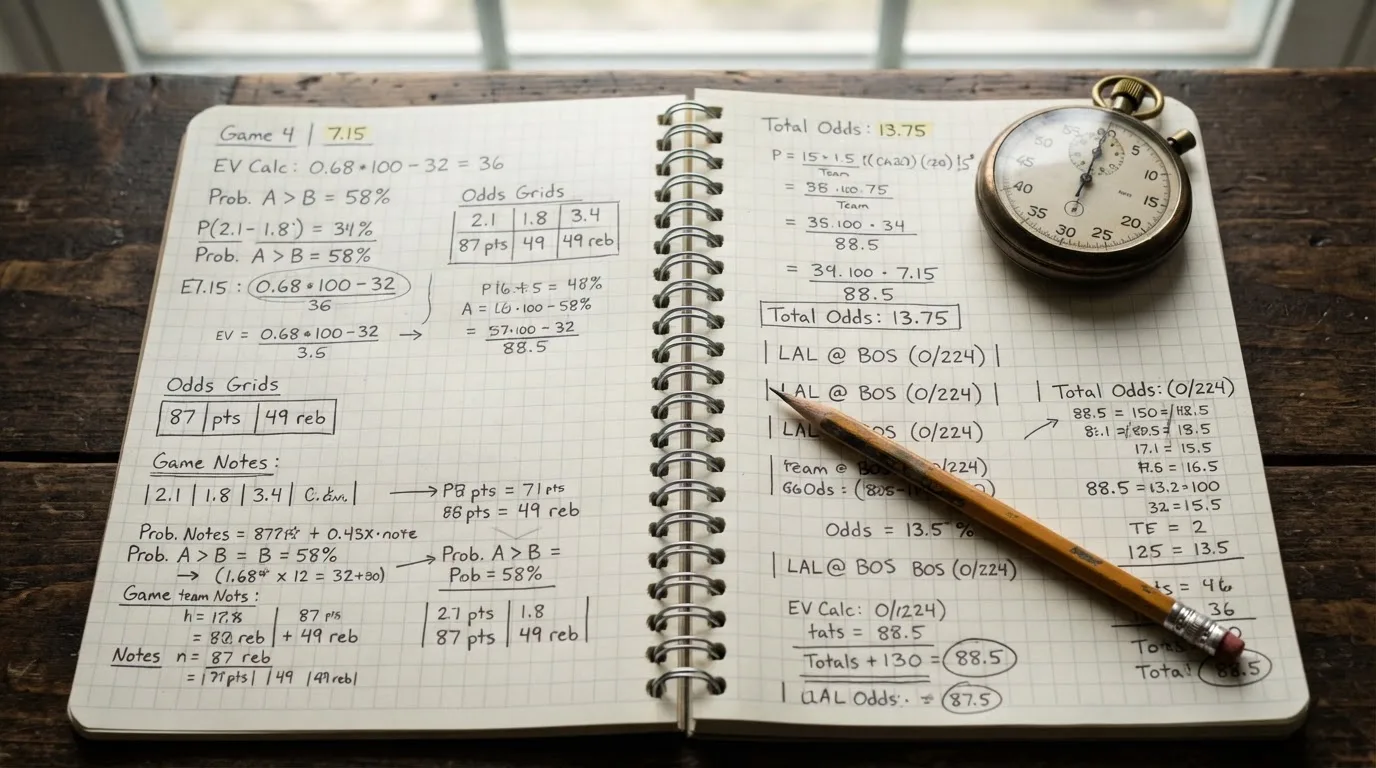 Een opengeslagen notitieboek met een potlood en een stopwatch op een houten tafel