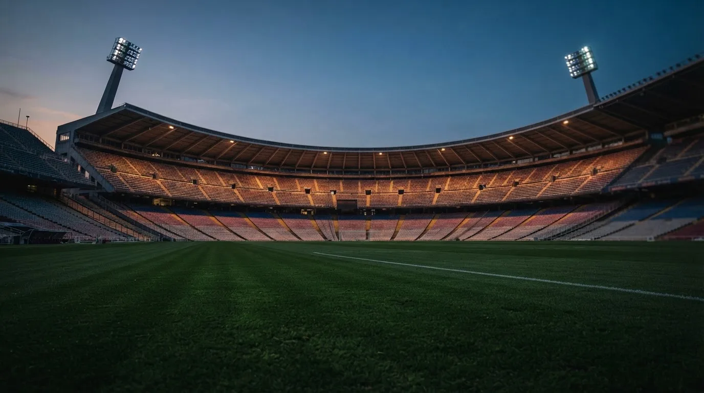 Een leeg voetbalstadion met lichtmasten bij schemering