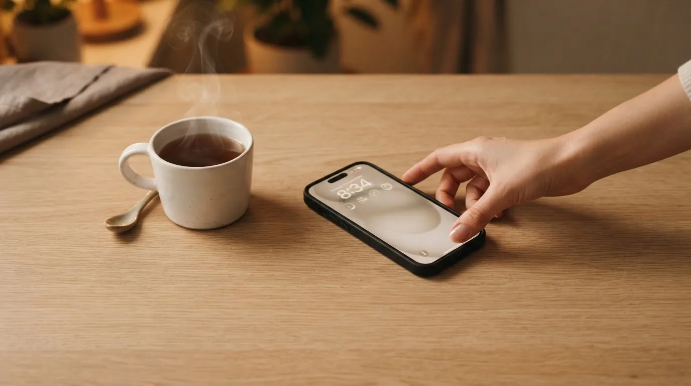 Een hand legt een smartphone naast een kopje thee op een keukentafel, een rustige avond