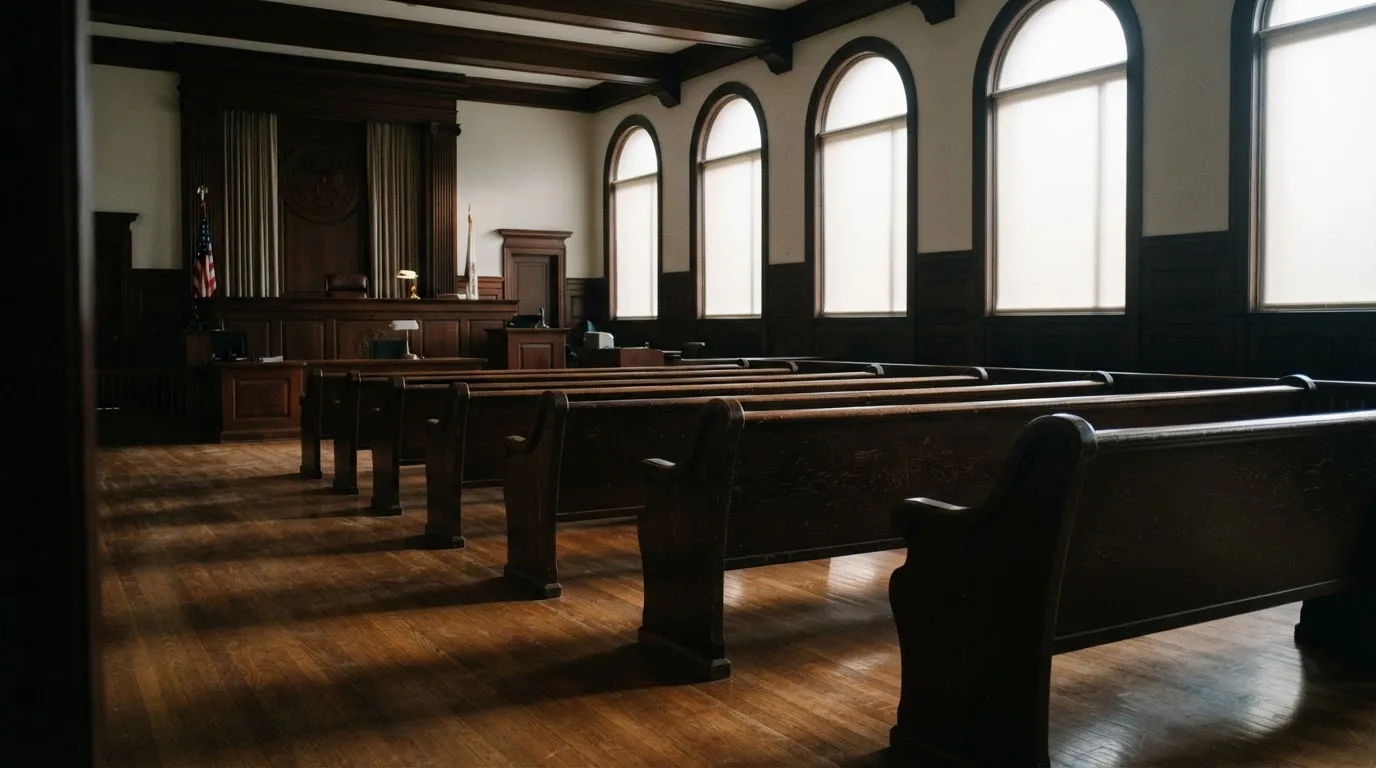 Een lege rechtszaal met houten banken in het ochtendlicht