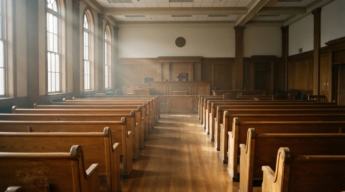 Een lege rechtszaal met houten banken in het ochtendlicht