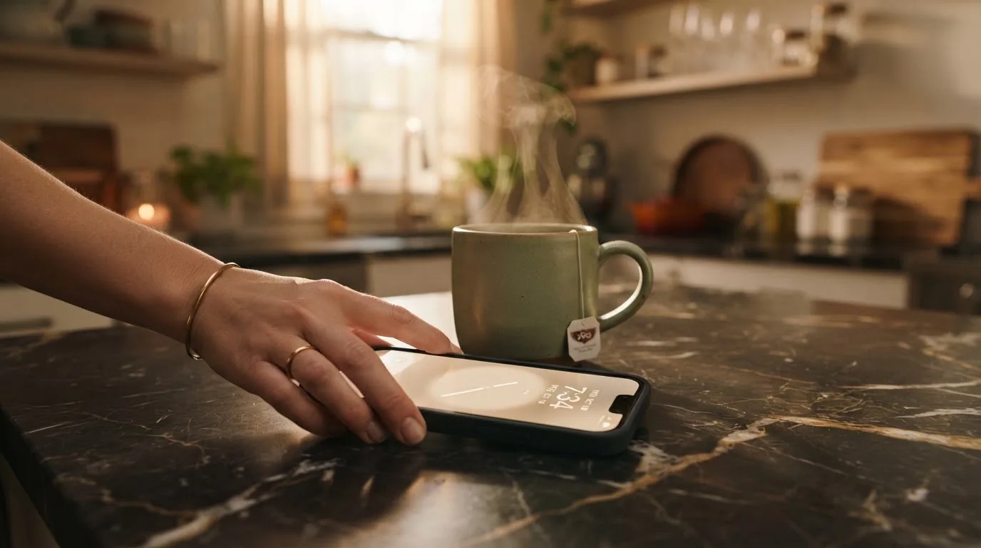 Een hand legt een smartphone naast een kopje thee op een keukentafel, een rustige avond