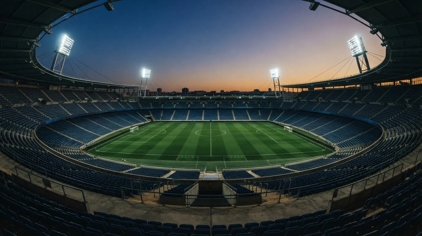 Een leeg voetbalstadion met lichtmasten bij schemering