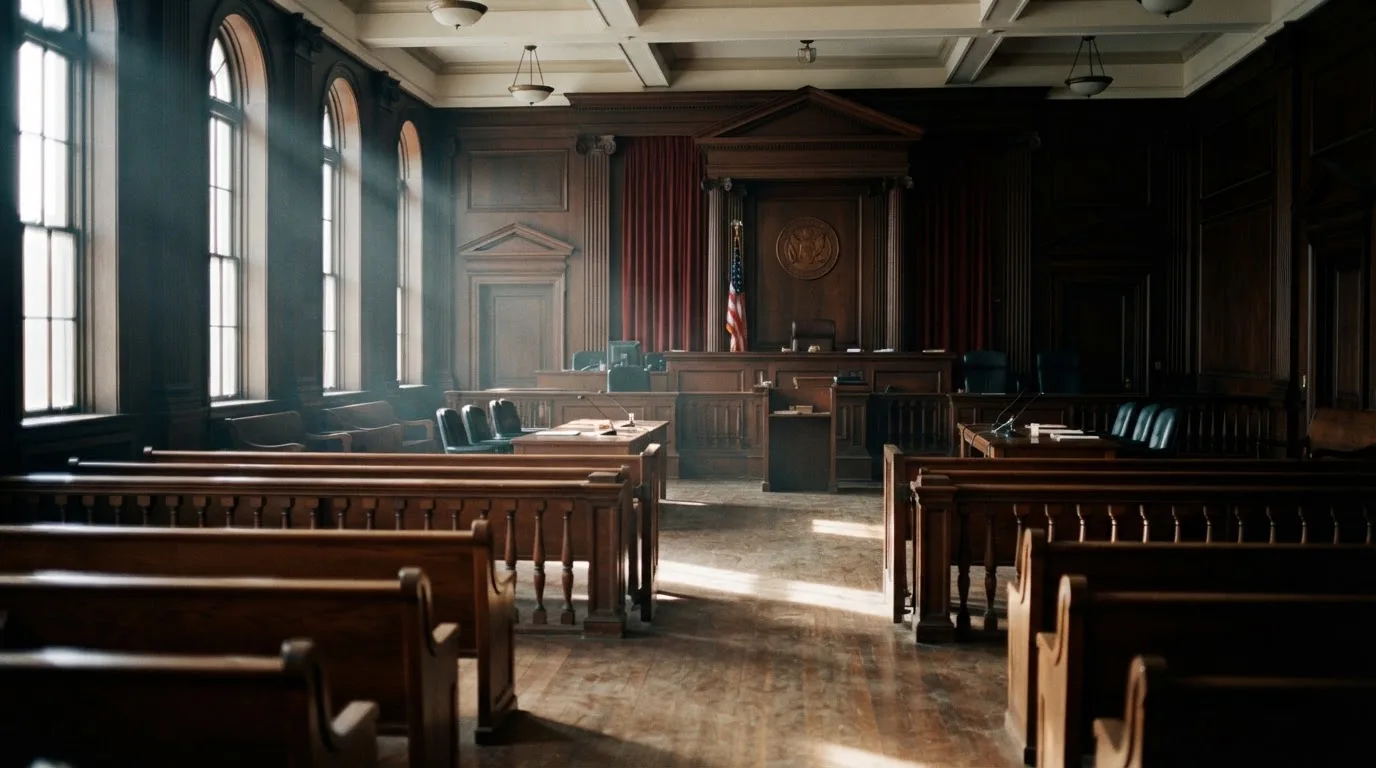 Een lege rechtszaal met houten banken in het ochtendlicht