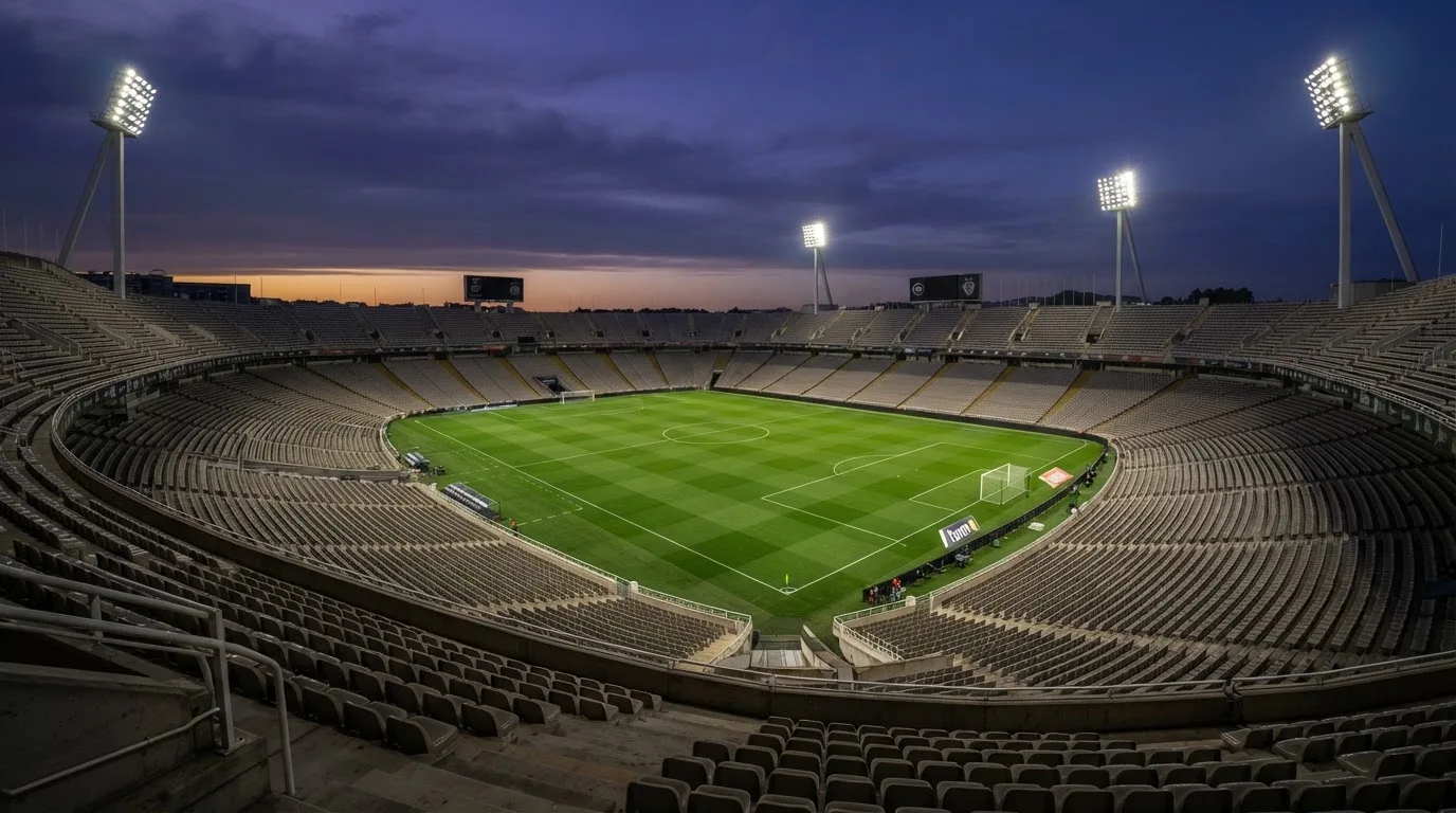 Een leeg voetbalstadion met lichtmasten bij schemering