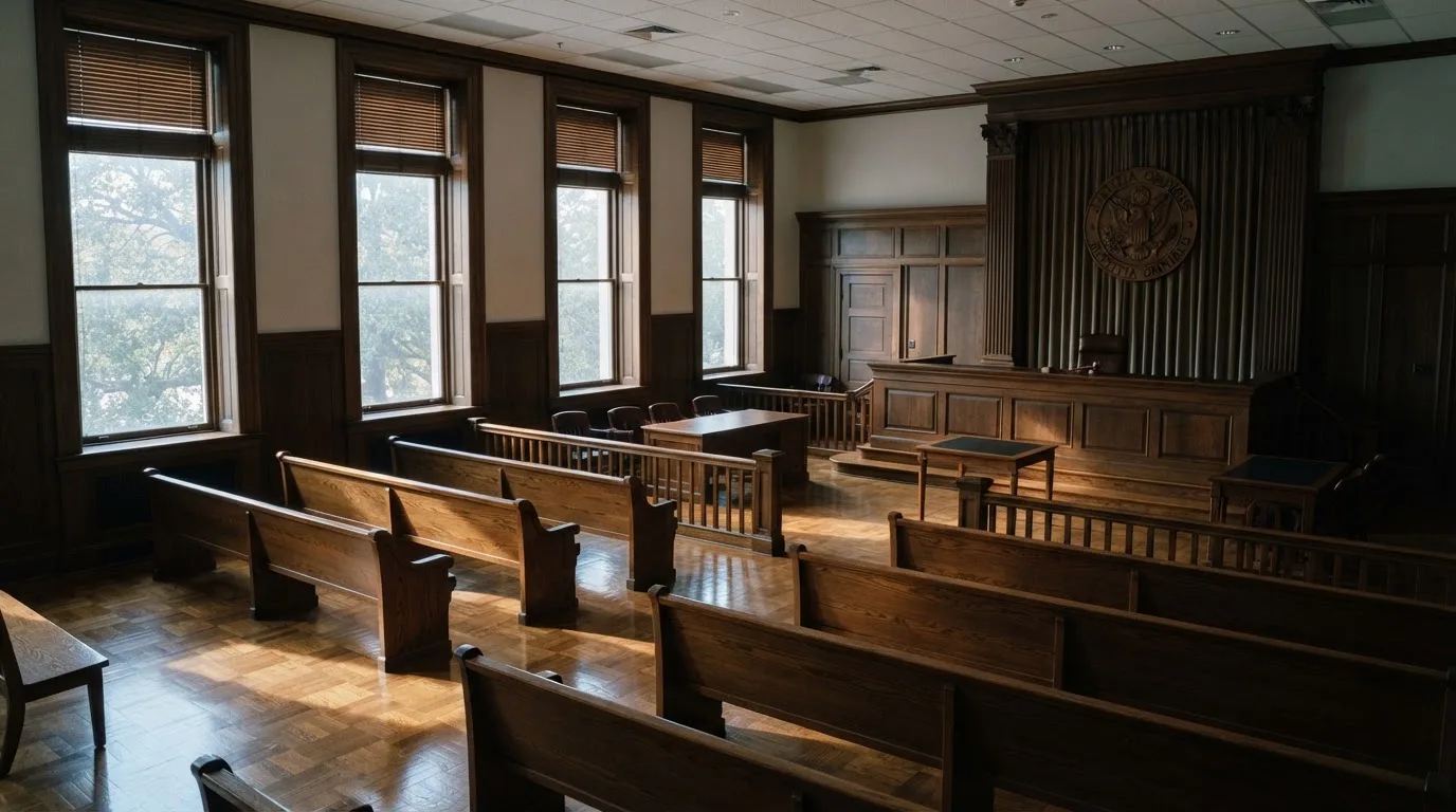 Een lege rechtszaal met houten banken in het ochtendlicht