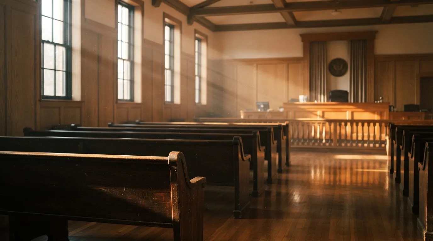 Een lege rechtszaal met houten banken in het ochtendlicht