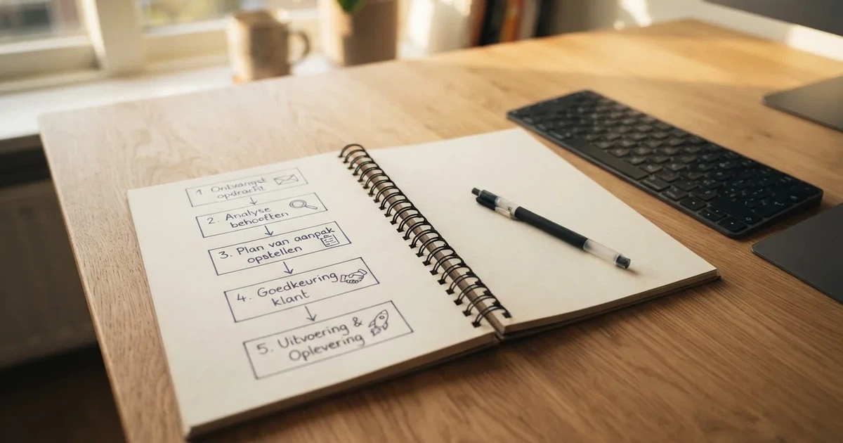 Een notitieblok met een met de hand getekend stappenplan naast een toetsenbord