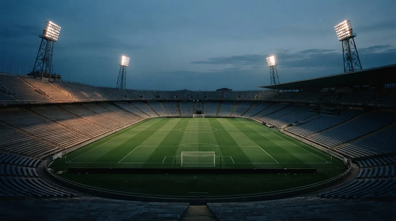 Een leeg voetbalstadion met lichtmasten bij schemering