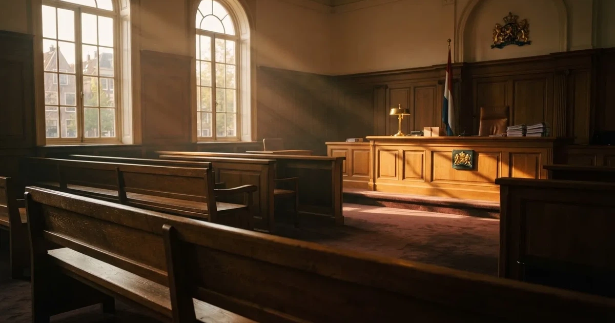Een lege rechtszaal met houten banken in het ochtendlicht