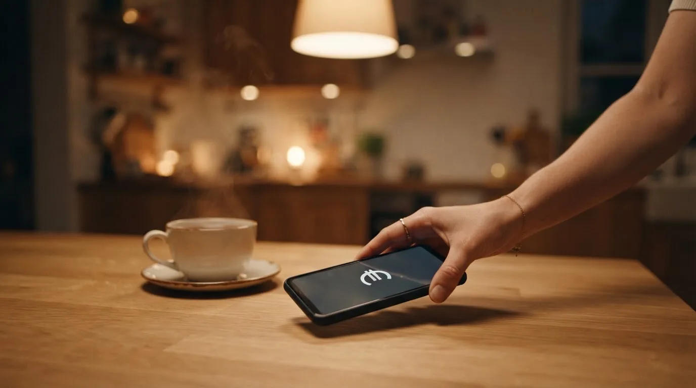 Een hand legt een smartphone naast een kopje thee op een keukentafel, een rustige avond