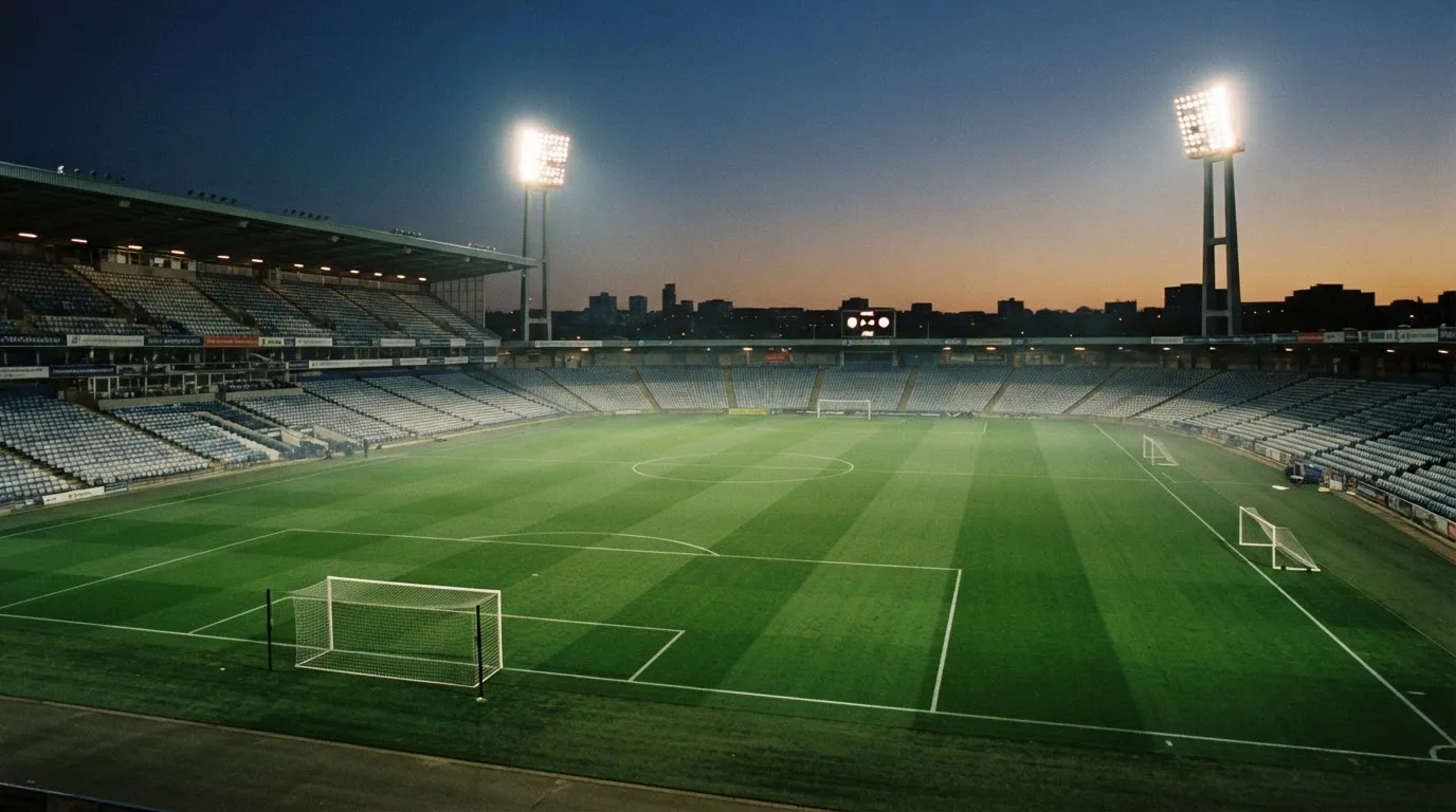 Een leeg voetbalstadion met lichtmasten bij schemering