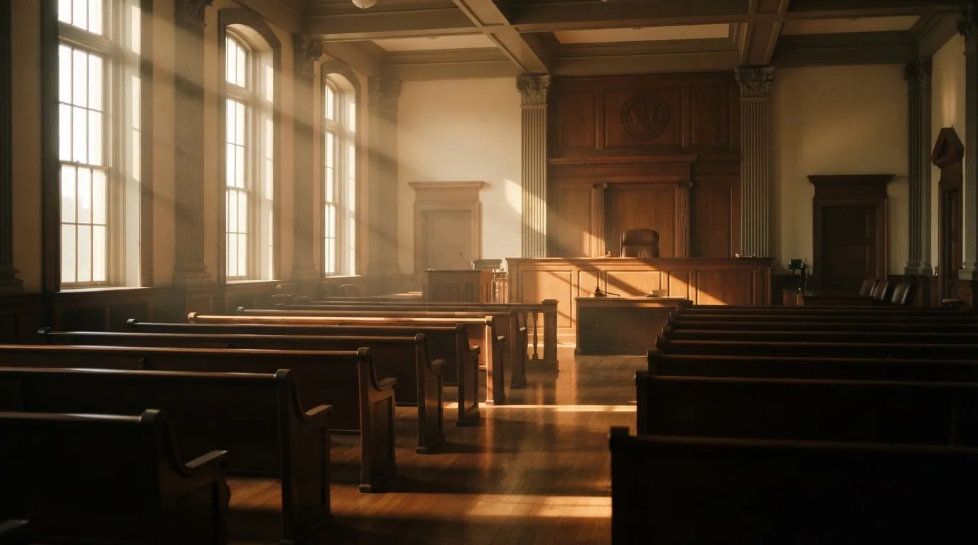 Een lege rechtszaal met houten banken in het ochtendlicht