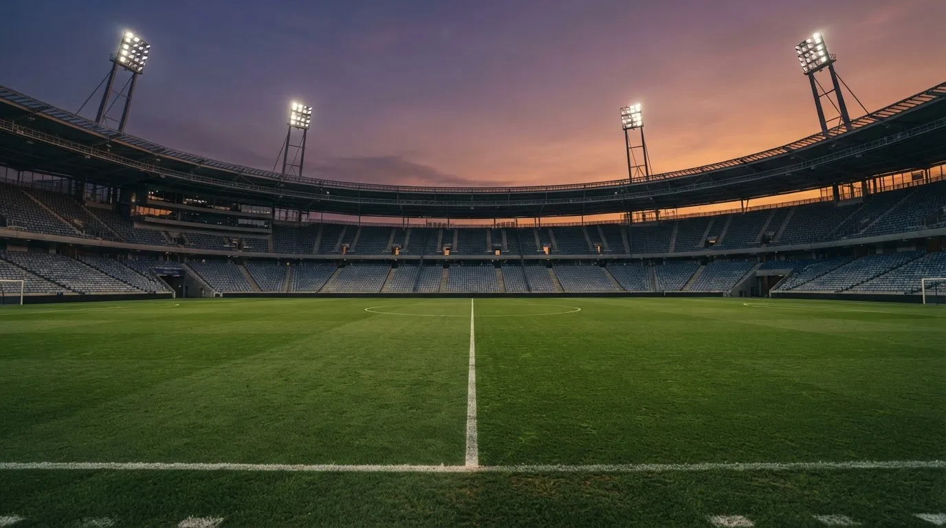 Een leeg voetbalstadion met lichtmasten bij schemering