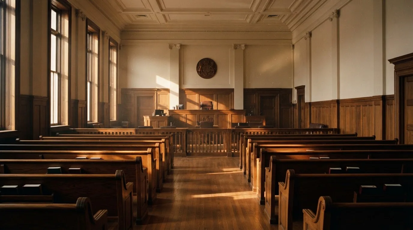 Een lege rechtszaal met houten banken in het ochtendlicht