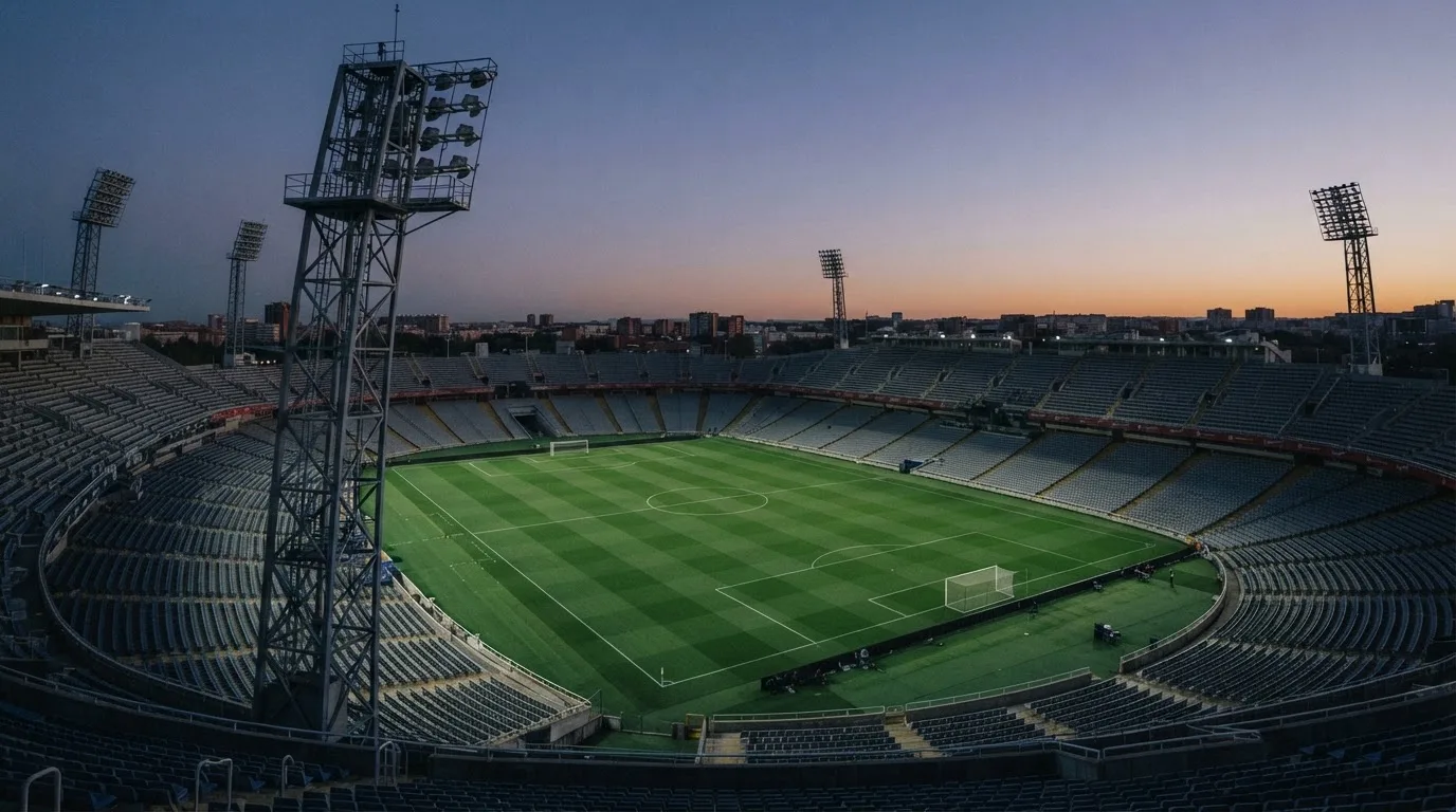 Een leeg voetbalstadion met lichtmasten bij schemering