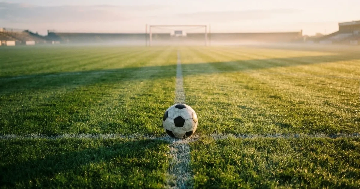 Een voetbal op de middenstip van een grasveld in het ochtendlicht