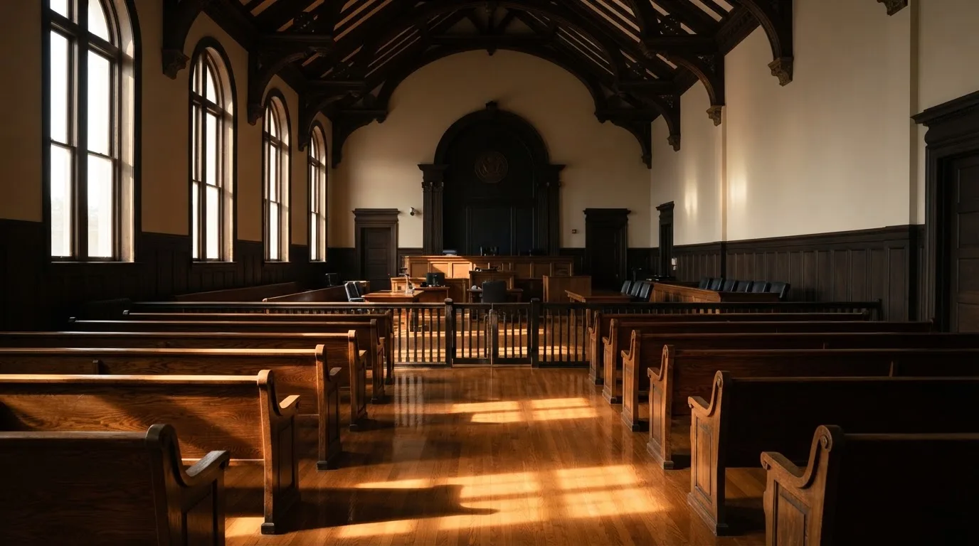 Een lege rechtszaal met houten banken in het ochtendlicht