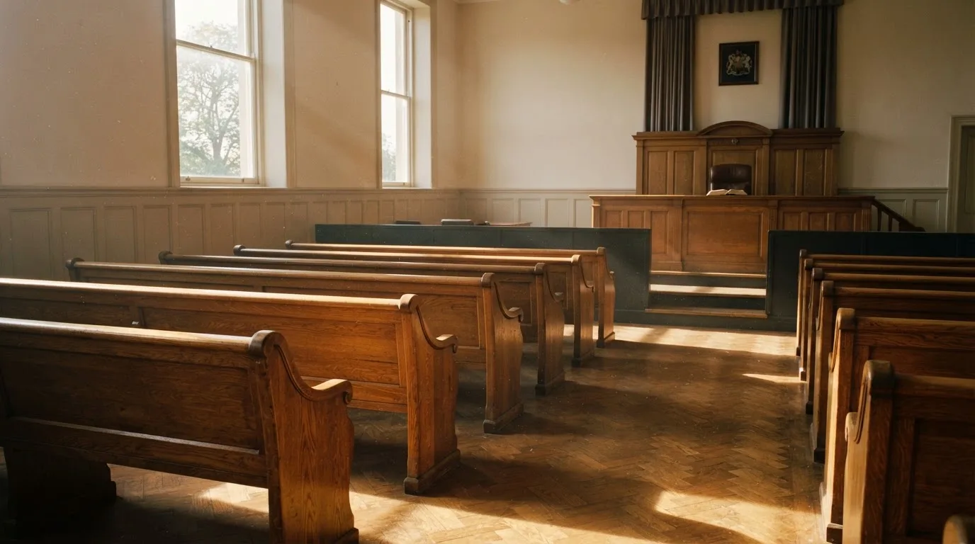 Een lege rechtszaal met houten banken in het ochtendlicht