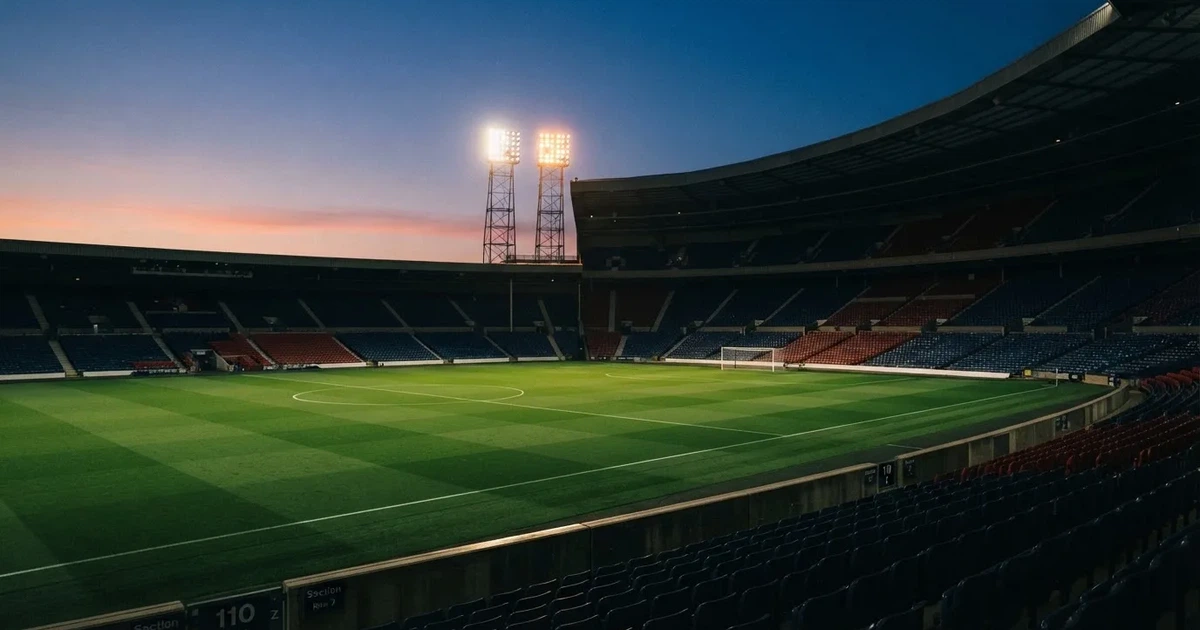 Een leeg voetbalstadion met lichtmasten bij schemering