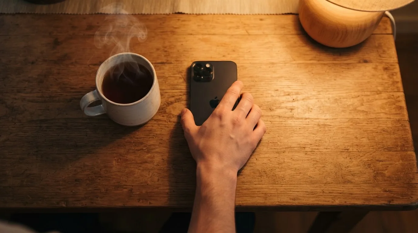 Een hand legt een smartphone naast een kopje thee op een keukentafel, een rustige avond
