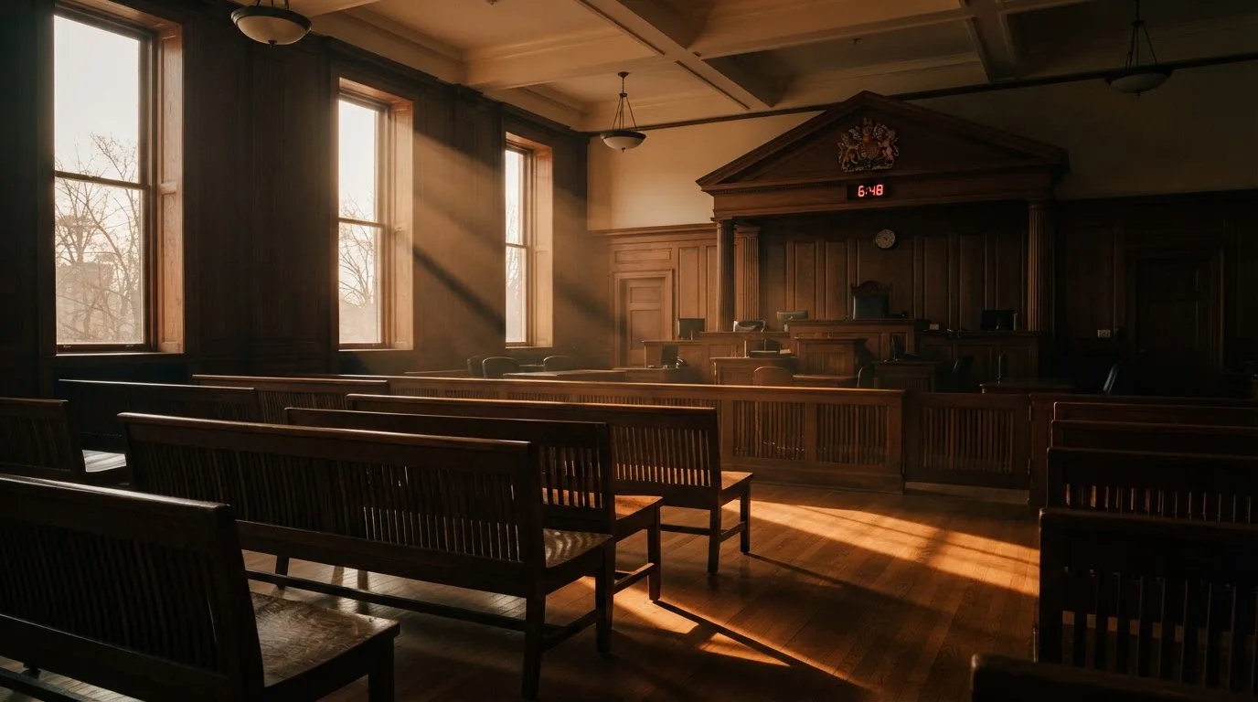 Een lege rechtszaal met houten banken in het ochtendlicht