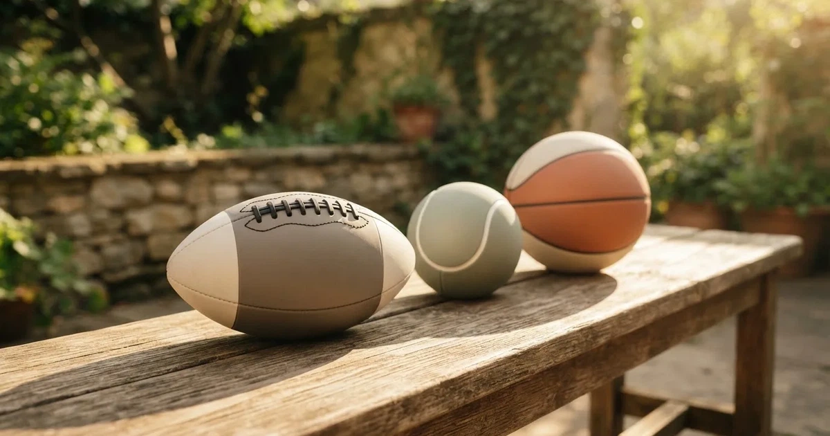 Drie ballen van verschillende soorten naast elkaar op een houten bank