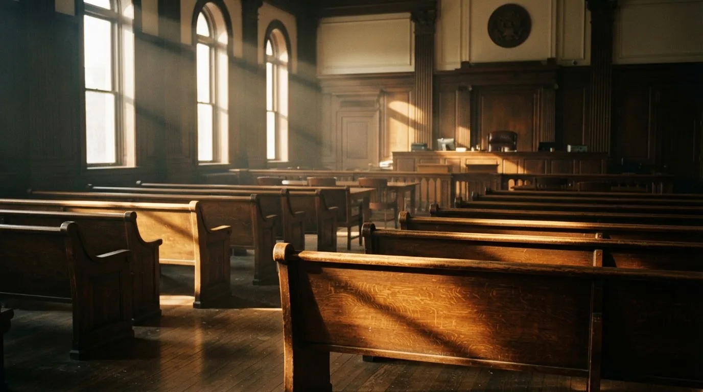 Een lege rechtszaal met houten banken in het ochtendlicht