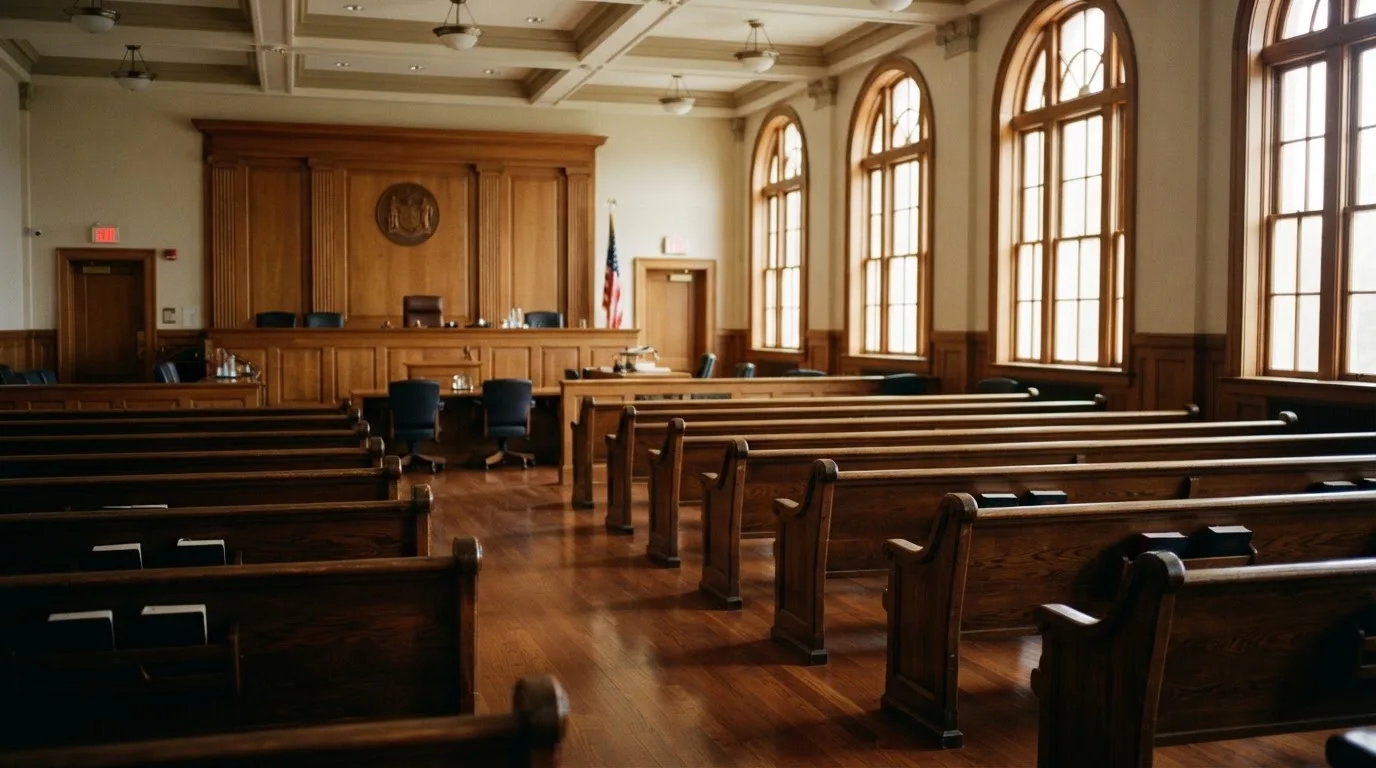 Een lege rechtszaal met houten banken in het ochtendlicht