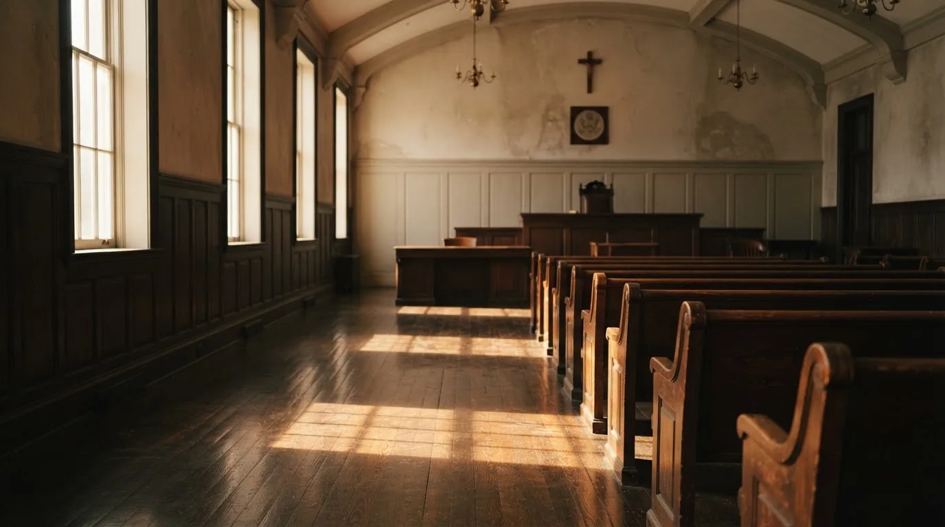 Een lege rechtszaal met houten banken in het ochtendlicht