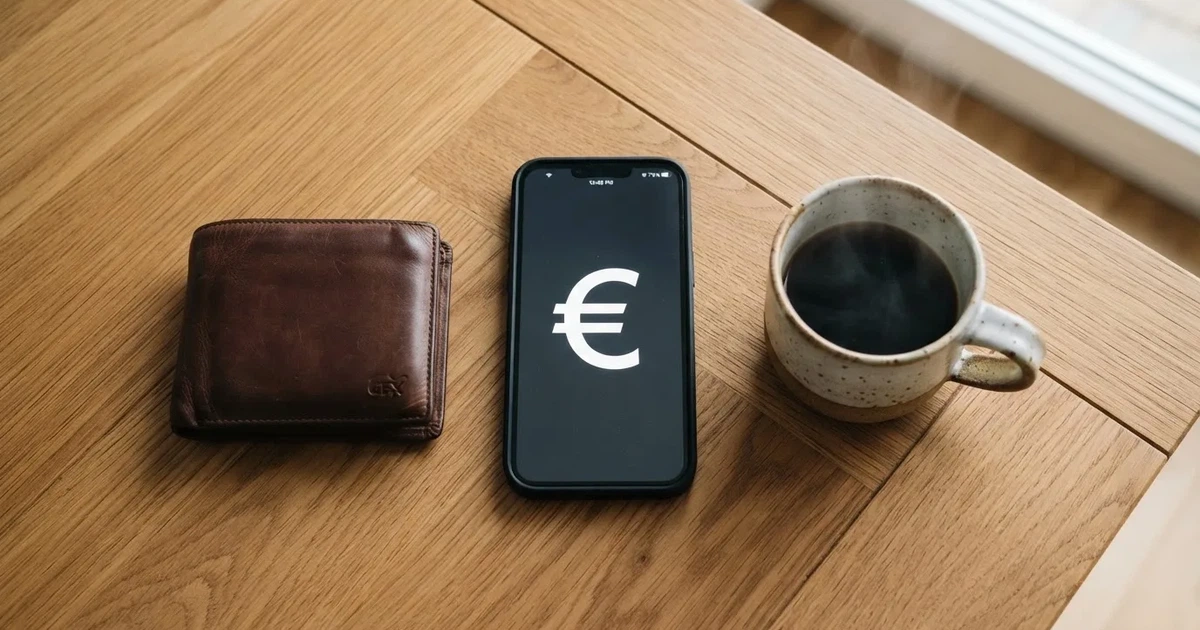 Een smartphone op een houten tafel naast een portemonnee en een kopje koffie
