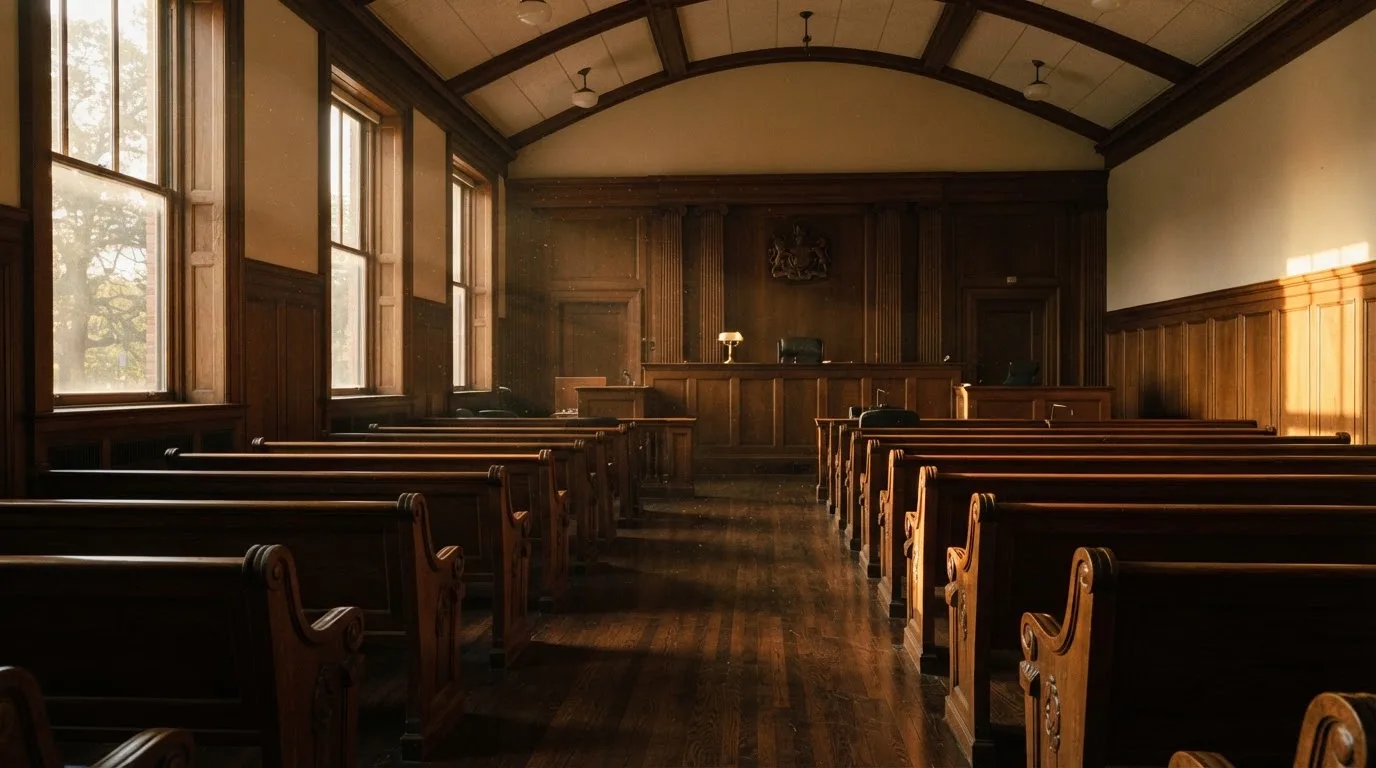 Een lege rechtszaal met houten banken in het ochtendlicht