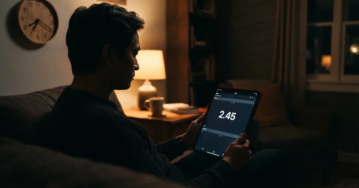 Een persoon op de bank kijkt peinzend naar een tablet, op de achtergrond een klok aan de muur
