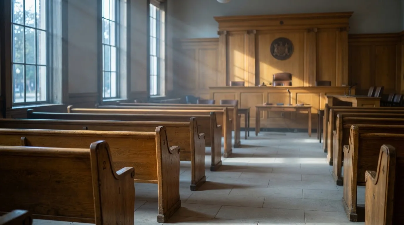 Een lege rechtszaal met houten banken in het ochtendlicht