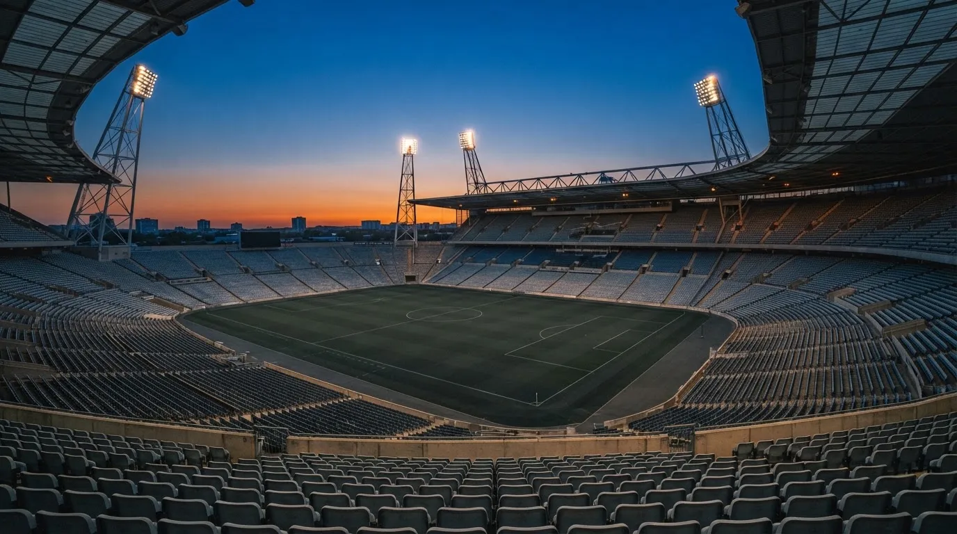 Een leeg voetbalstadion met lichtmasten bij schemering