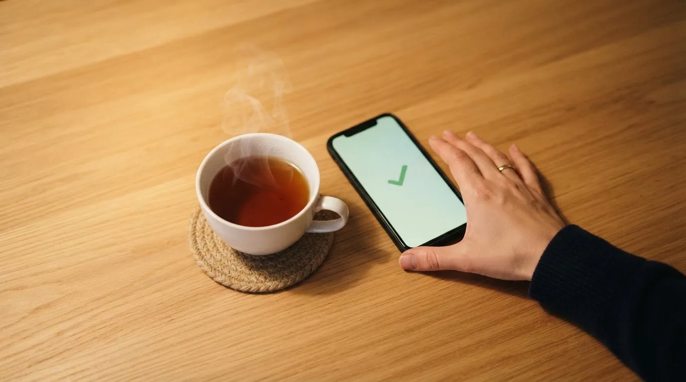 Een hand legt een smartphone naast een kopje thee op een keukentafel, een rustige avond