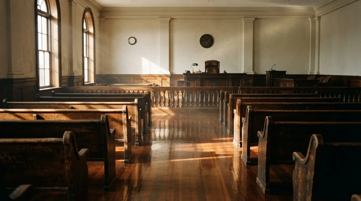 Een lege rechtszaal met houten banken in het ochtendlicht