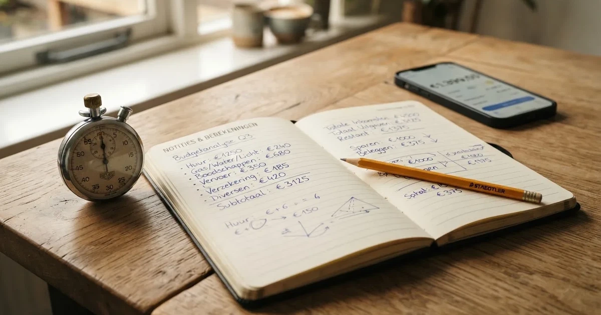 Een opengeslagen notitieboek met een potlood en een stopwatch op een houten tafel