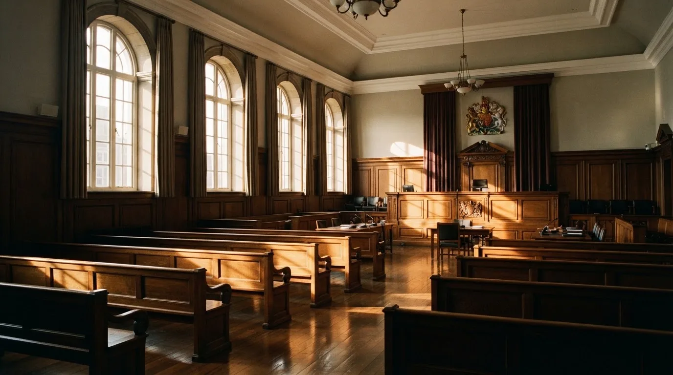 Een lege rechtszaal met houten banken in het ochtendlicht