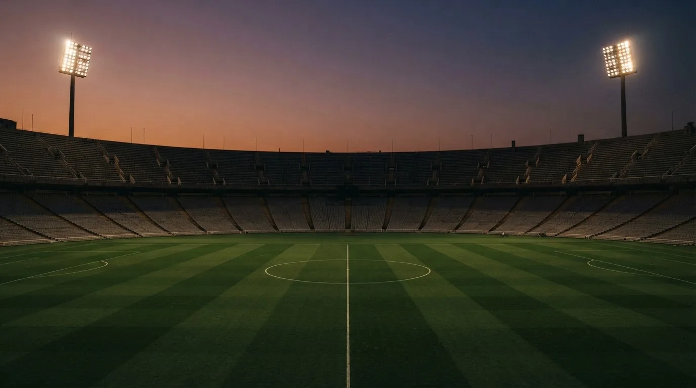 Een leeg voetbalstadion met lichtmasten bij schemering
