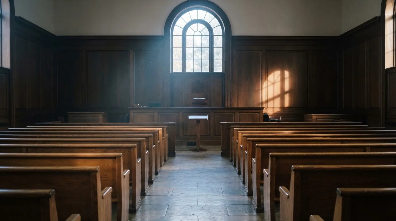 Een lege rechtszaal met houten banken in het ochtendlicht